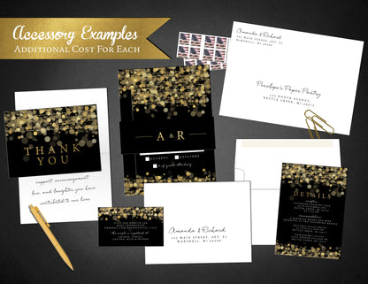 Gold Foil Bokeh String Lights on Black Background New Years Traditional Wedding Invitation, Sets, or Suite