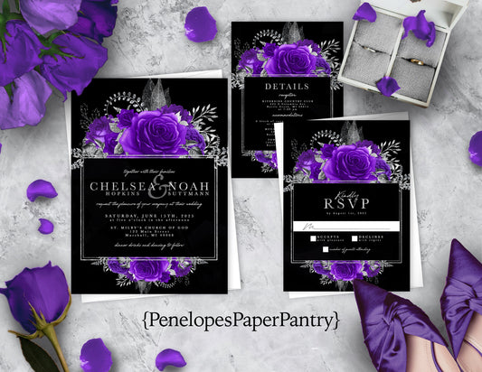 Purple Florals with Black Background Rose Wedding Invitation, Set, or Suite