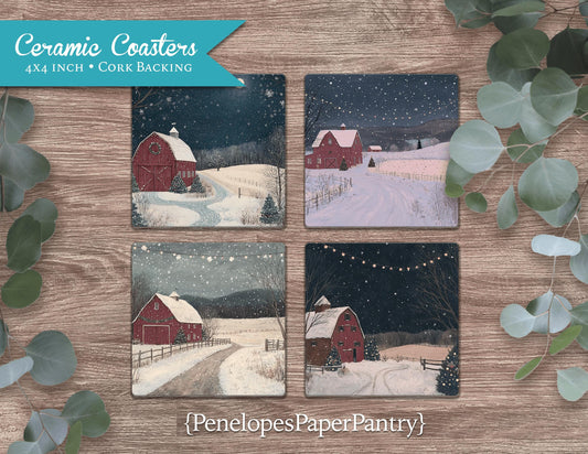 Rustic Christmas Coasters Set Of Four Christmas Decor Winter Barn Scenes Gift For Her Gift For Him Cork Back Unique Gift Stocking Stuffer