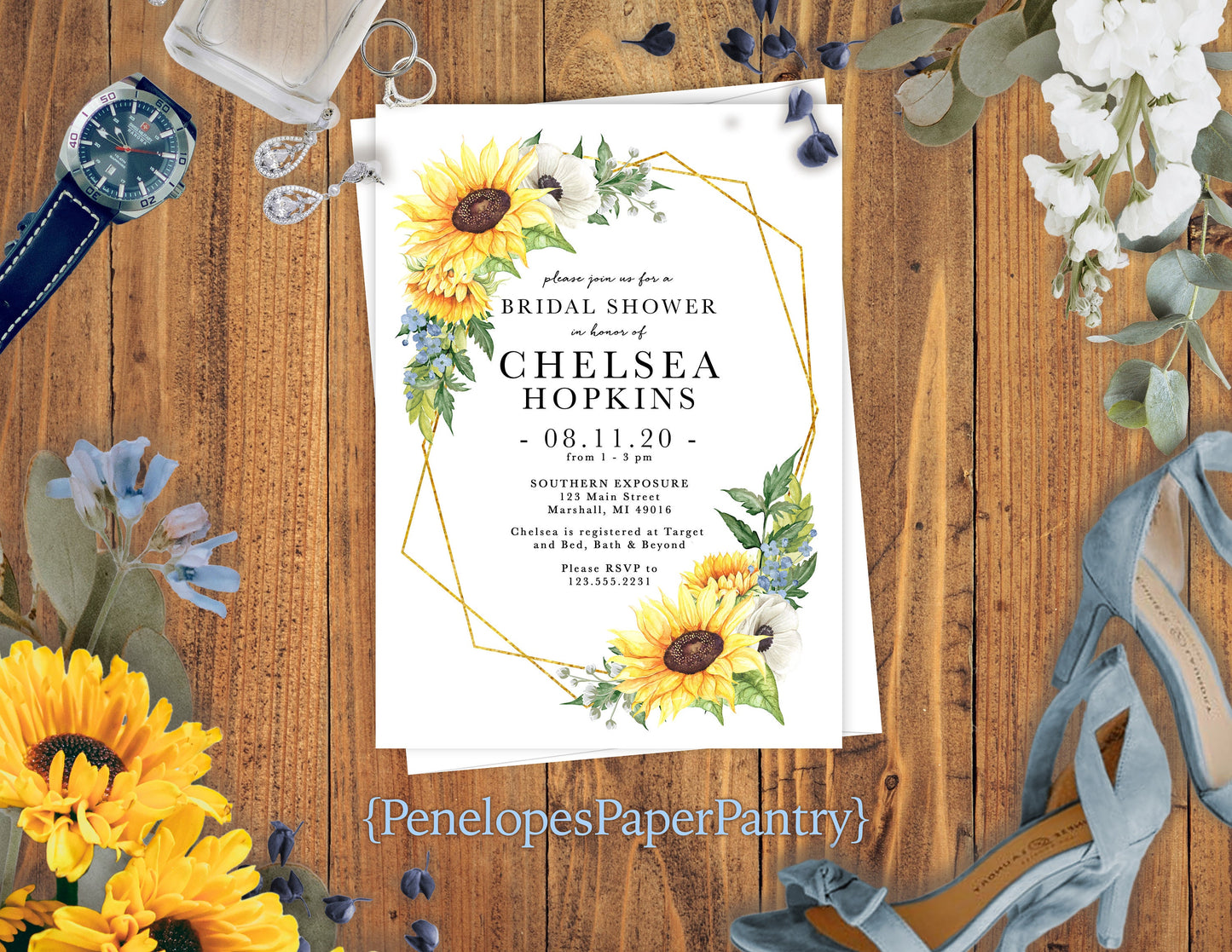 Sunflower and White Florals with Gold Geometric Frame Bridal Shower Invitation