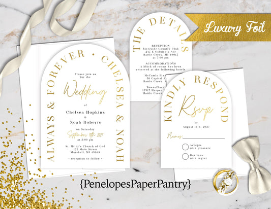 Die Cut Arch Gold Foil on White Paper Traditional Wedding Invitation, Sets, or Suite