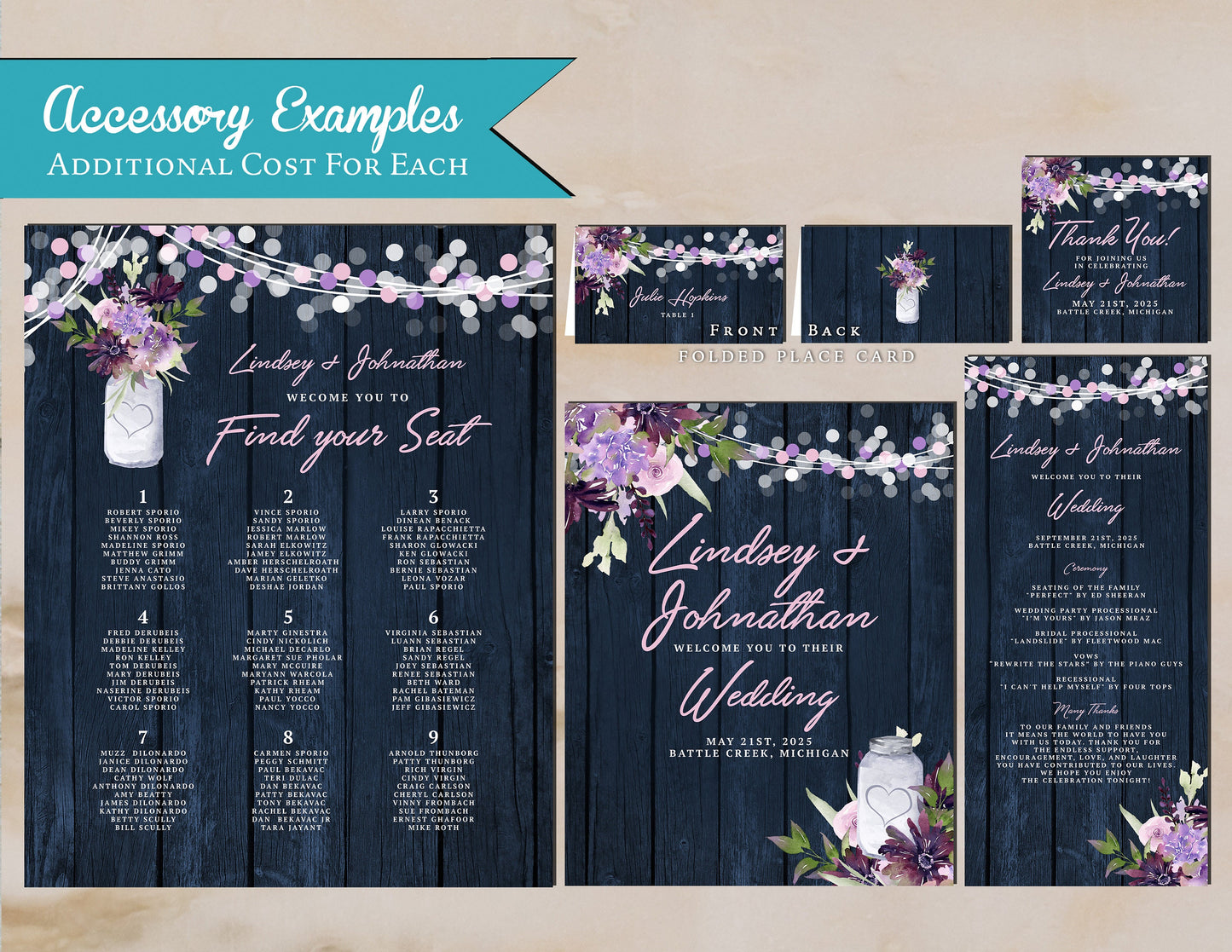 Rustic Navy Floral Summer Wedding Invitation Personalized Mason Jar Lavender Lilacs Fairy Lights Navy Barn Wood Printed Invitation Envelopes