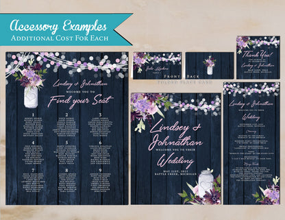 Rustic Navy Floral Summer Wedding Invitation Personalized Mason Jar Lavender Lilacs Fairy Lights Navy Barn Wood Printed Invitation Envelopes