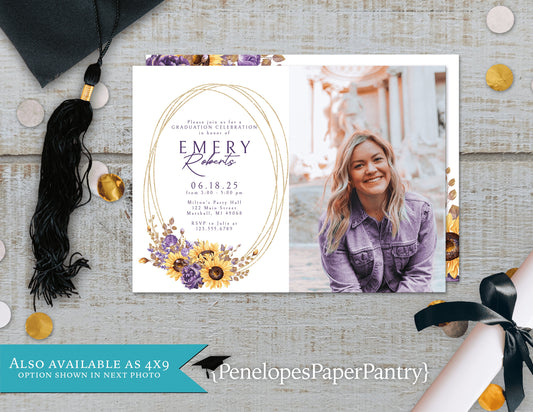 Sunflower and Purple Oval Frame Photo Graduation Open House or Ceremony Invitation