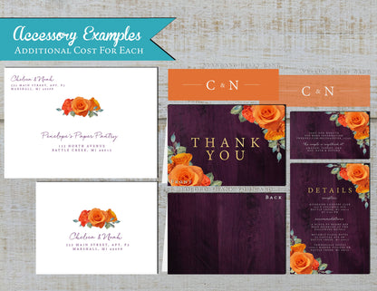 Orange Rose Florals on Purple Wood Background Fall Wedding Invitation, Set, or Suite