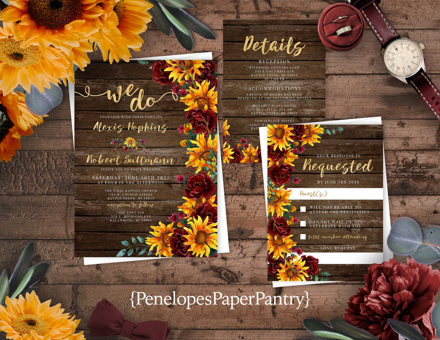 Sunflower and Burgundy Florals on Wood Background Fall Wedding Invitation, Set, or Suite