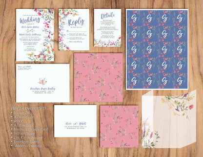 9 Piece Wildflower Florals with Pastel Accents Wedding Bundle with Address Printing