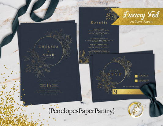 Luxury Gold Foil Typography on Navy Blue Paper Traditional Wedding Invitation, Sets, or Suite