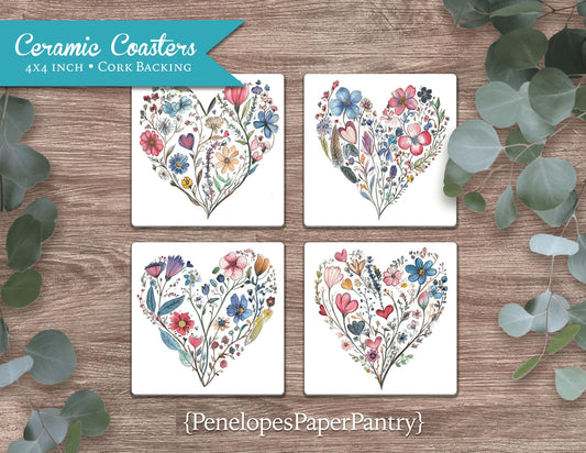 Wildflower Heart Ceramic Coaster Set Printed Butterflies Sunflowers Home Decor Perfect Gift For Her Birthday Bridal Shower Wedding Christmas
