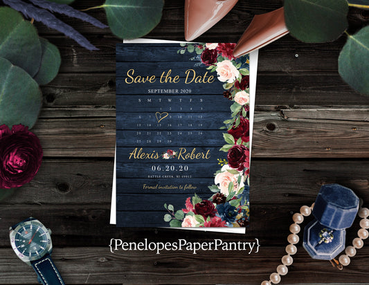 Navy, Burgundy, and Blush Florals on Blue Wood Background Save the Date