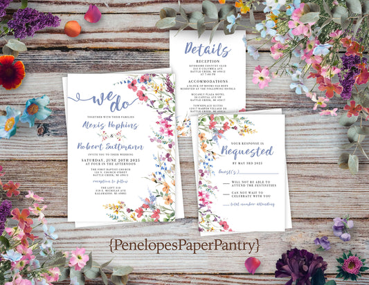 Whimsical Wildflower Summer Wedding Invitation,Summer Wedding Invite,Cornflower Blue,Calligraphy,Personalize,Printed Invitation,Envelope