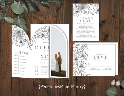 Die Cut Arch Gatefold Floral Line Art Florals and Engagement Photo Folded Wedding Invitation, Set, or Suite