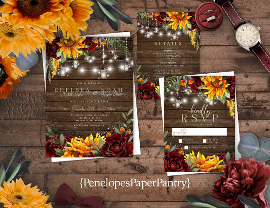 Rustic Sunflower Fall Wedding Invitation – Barn Wood, Burgundy Roses & Fairy Lights – Personalized Gold Shimmery Printed Invitations by Penelope’s Paper Pantry