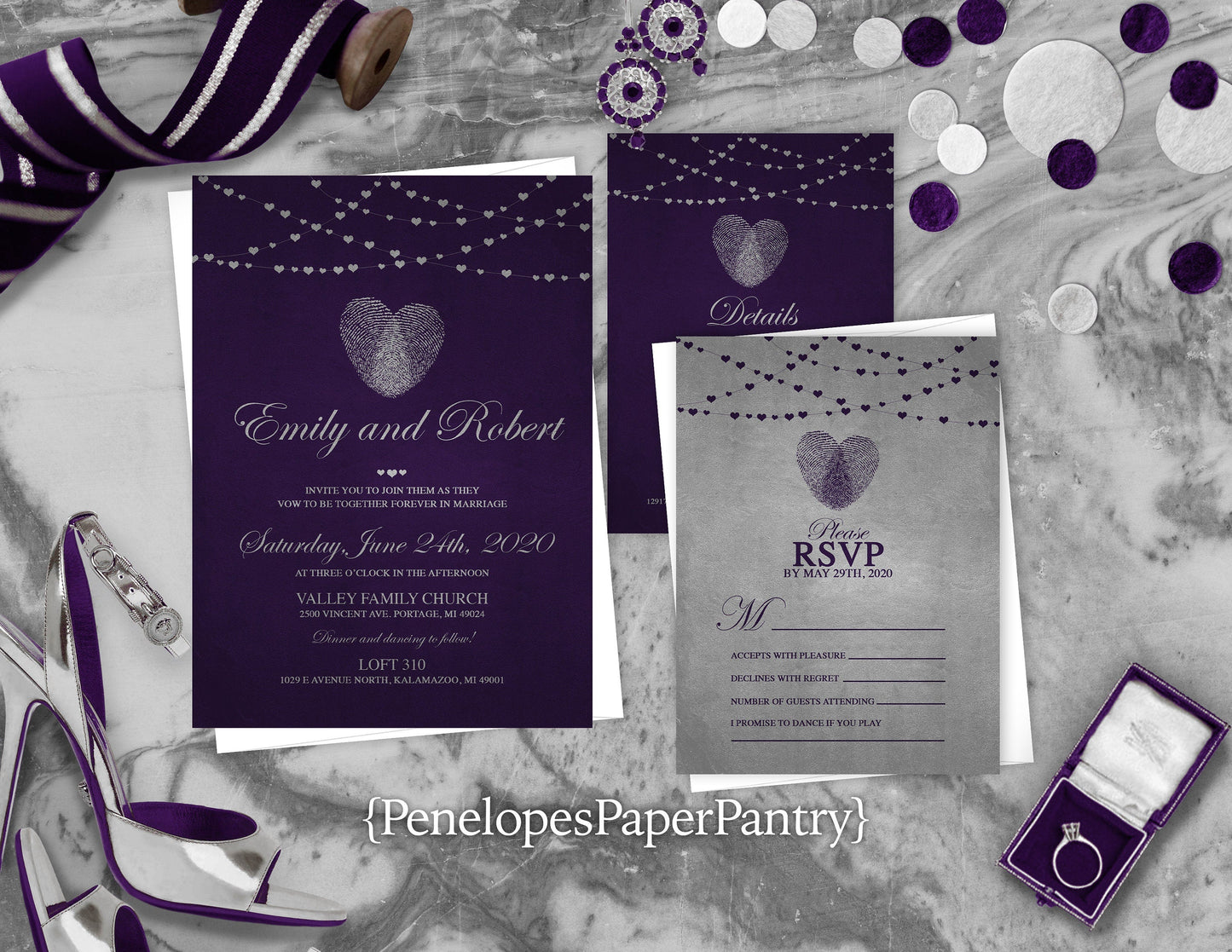 Purple Thumbprint Heart on Metallic Silver Paper Traditional Wedding Invitation, Sets, or Suite