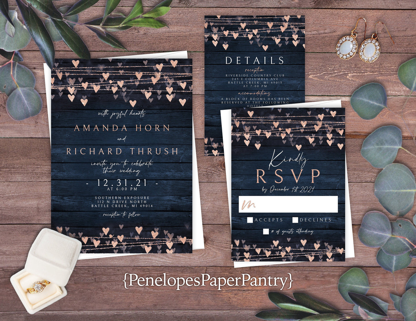 Rose Gold Bokeh String Lights on Blue Barn Wood Traditional Wedding Invitation, Sets, or Suite