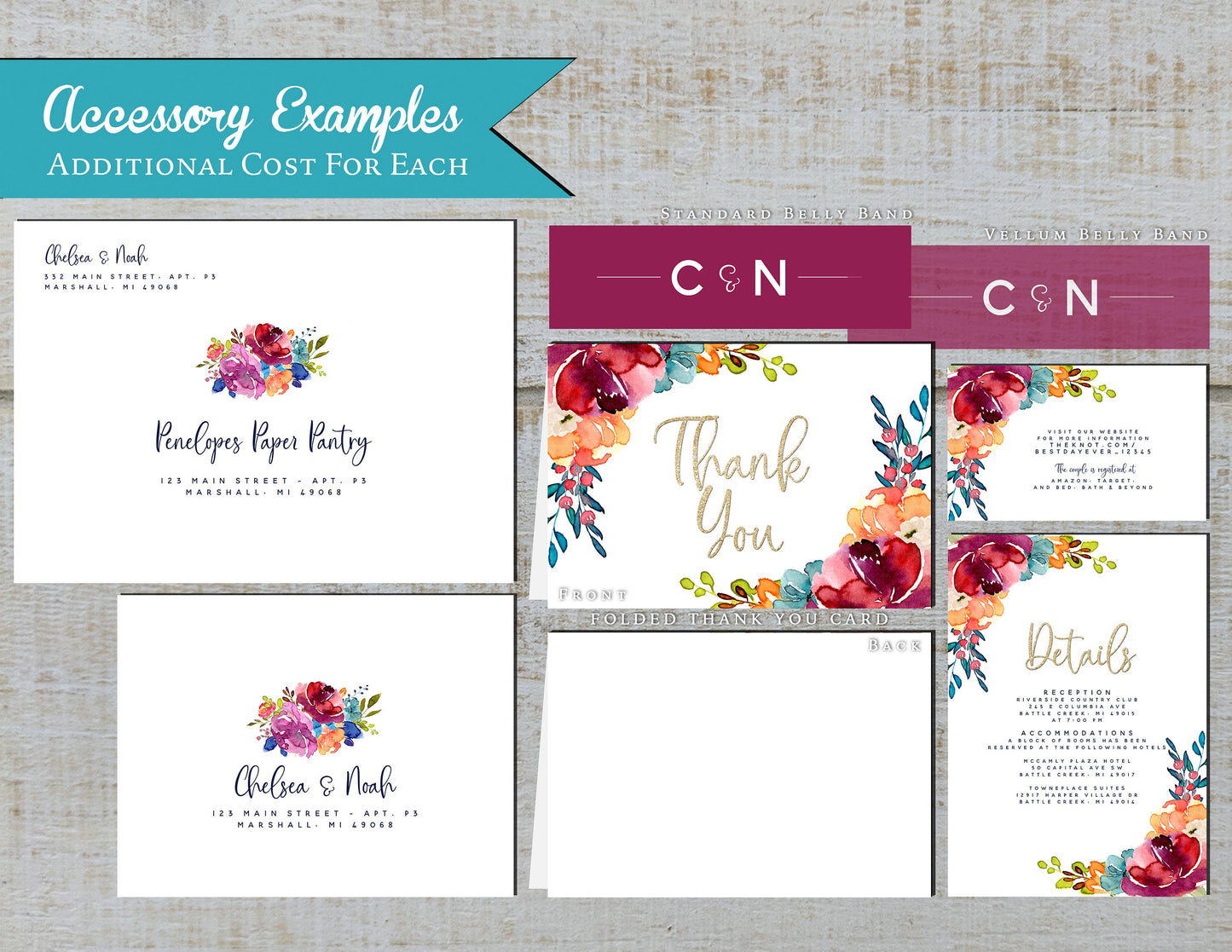 Elegant Bright Floral Summer Wedding Invitation Personalized Tropical Hot Colors Gold Print Shimmery Printed Invitation Envelope Included