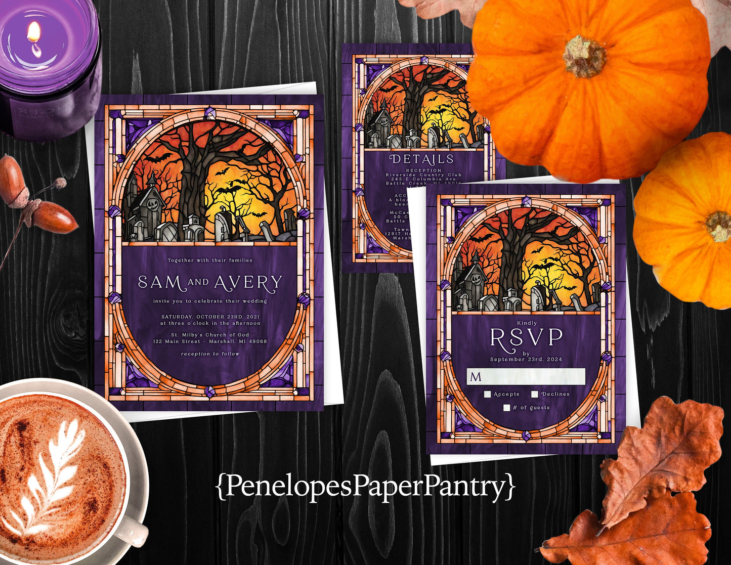 Halloween Faux Stained Glass Cemetery Forest Fall Wedding Invitation, Set, or Suite