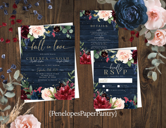 Rustic Navy Floral Fall Wedding Invitation – Burgundy Marsala Blush & Gold – Personalized Barn Wood Shimmery Printed Invite with Envelopes