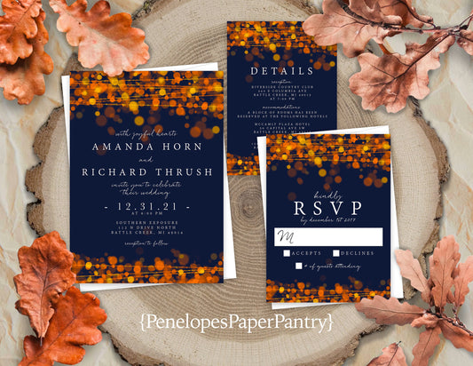 Burnt Orange Bokeh Glowing String Lights on Navy Blue Background Fall Wedding Invitation, Set, or Suite