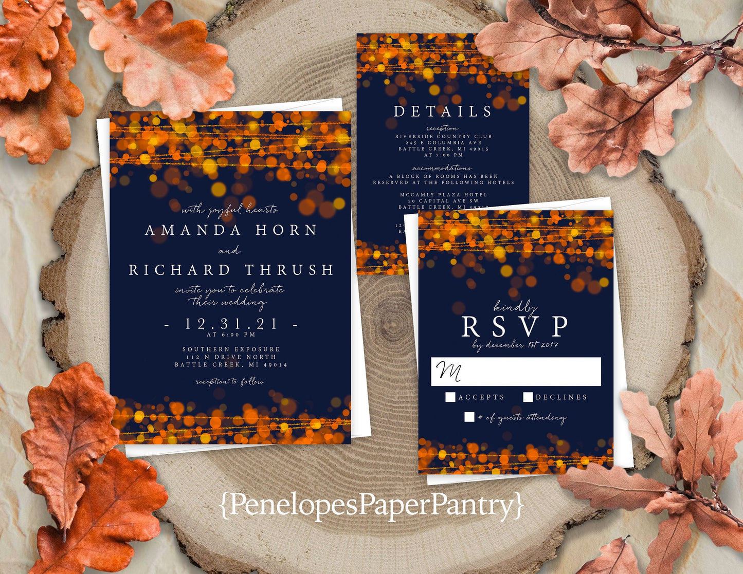 Modern Fall Wedding Invitation – Navy & Burnt Orange Bubble Lights – Personalized Shimmery Printed Invite with Envelope & Optional RSVP Card