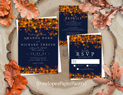 Modern Fall Wedding Invitation – Navy & Burnt Orange Bubble Lights – Personalized Shimmery Printed Invite with Envelope & Optional RSVP Card