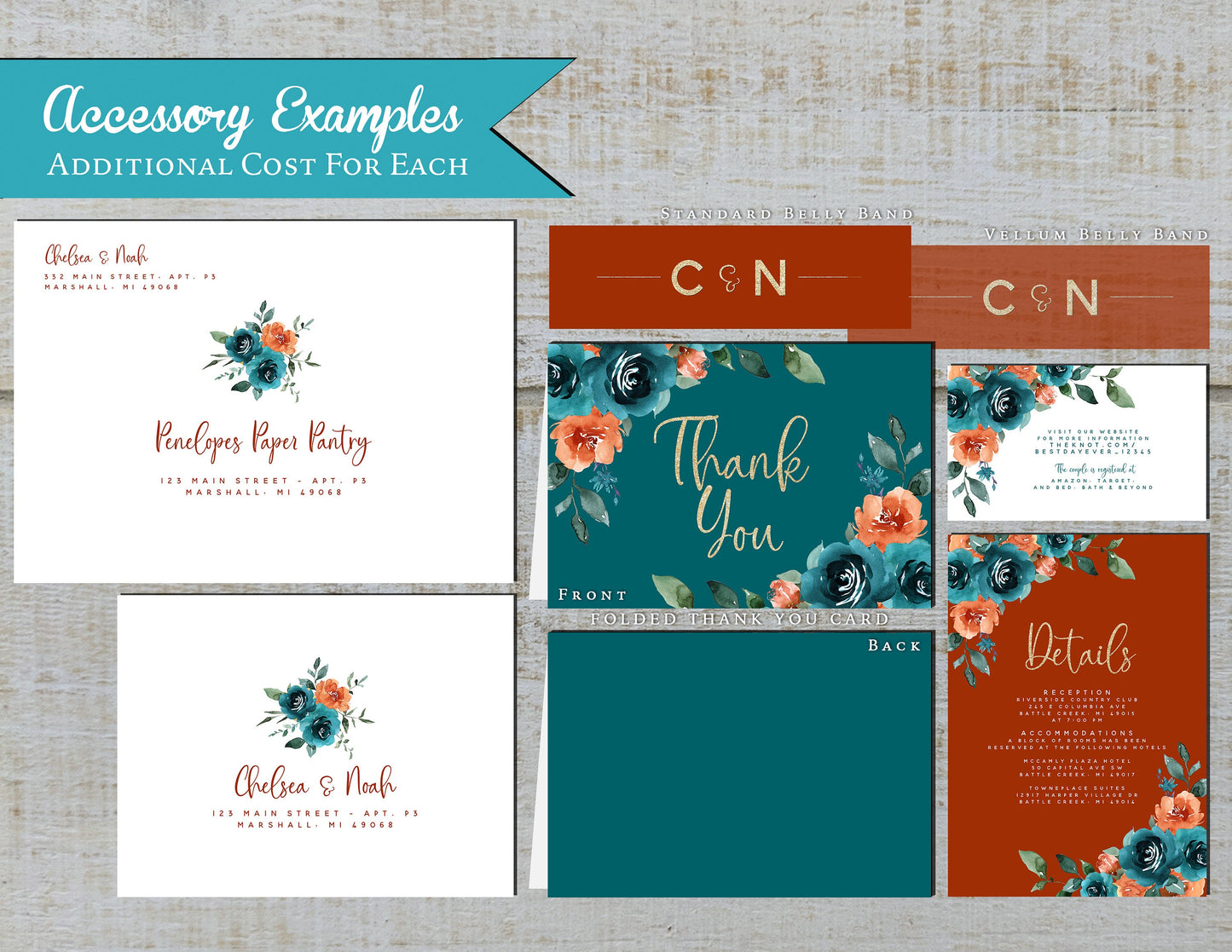 Teal and Burnt Orange Florals on Teal, Orange, and White Background Fall Wedding Invitation, Set, or Suite