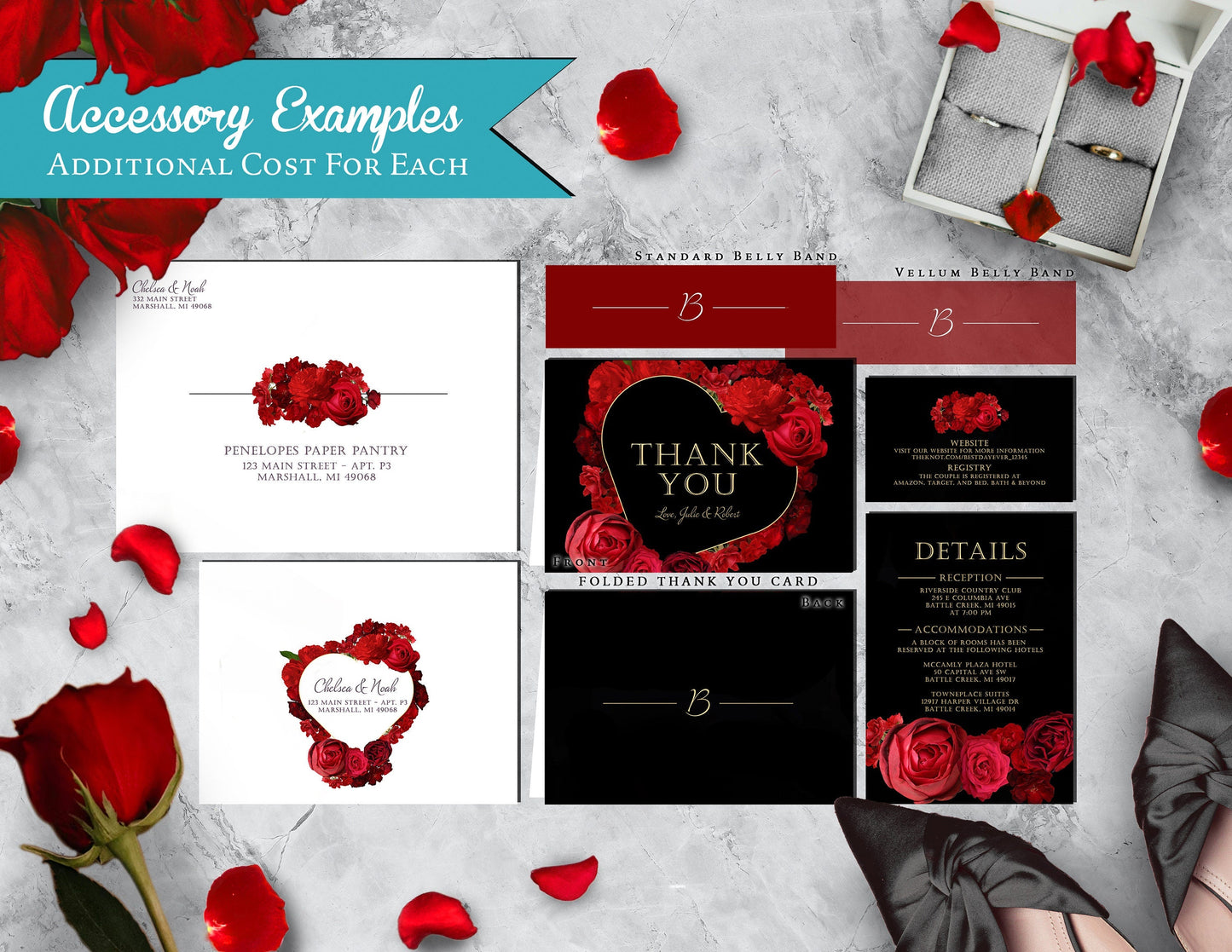 Red Floral Heart Wreath with Black Background Rose Wedding Invitation, Set, or Suite