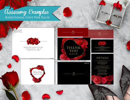 Red Floral Heart Wreath with Black Background Rose Wedding Invitation, Set, or Suite