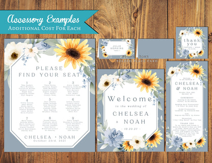Shabby Chic Dusty Blue Floral Summer Wedding Invitation Personalized Sunflowers Wildflowers Geometric Frame Printed Invitation With Envelope