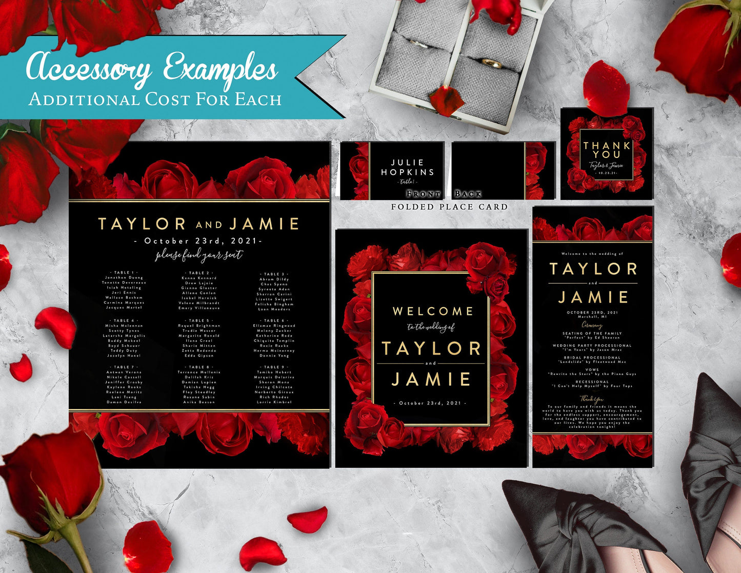 Red Florals with Black Background Rose Wedding Invitation, Set, or Suite