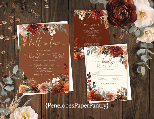Terracotta Floral Wedding Invitation – Rust, Greenery & Gold – Personalized Shimmery Printed Invite with Envelopes Included