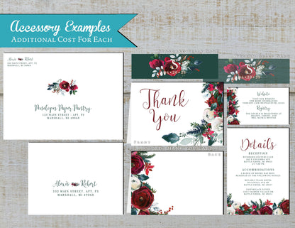 Red Roses and Green Florals Winter Wedding Invitation, Set, or Suite