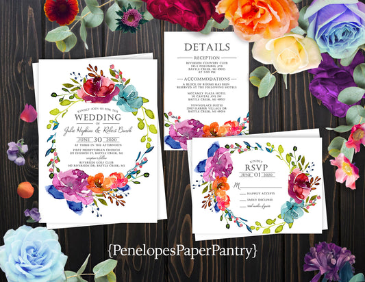 Elegant Bright Floral Summer Wedding Invitation Personalized Hot Pink Purple Turquoise Wreath Printed Invitations Envelopes Included Unique