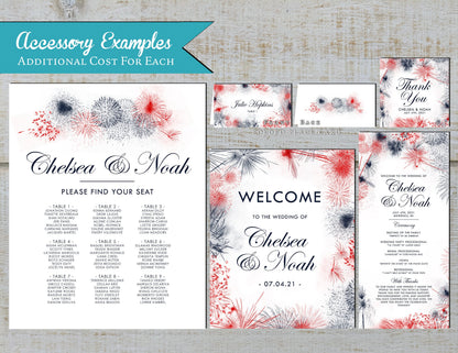 Elegant 4th of July Wedding Invitation Personalized Red White and Blue Firework Patriotic Shimmery Printed Invitation With Envelope Unique