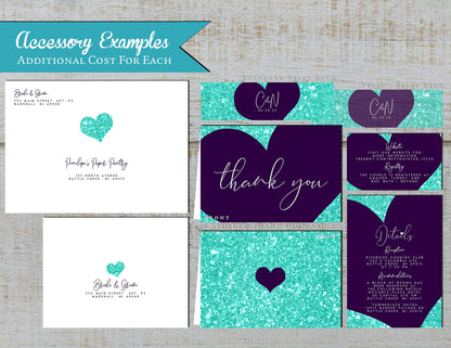 Purple Heart with Faux Teal Glitter Traditional Wedding Invitation, Sets, or Suite