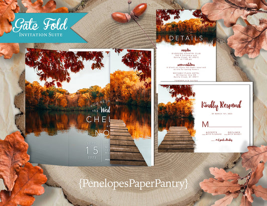 Gatefold Fall Orange and Red Leaves Lake Dock Folded Wedding Invitation, Set, or Suite