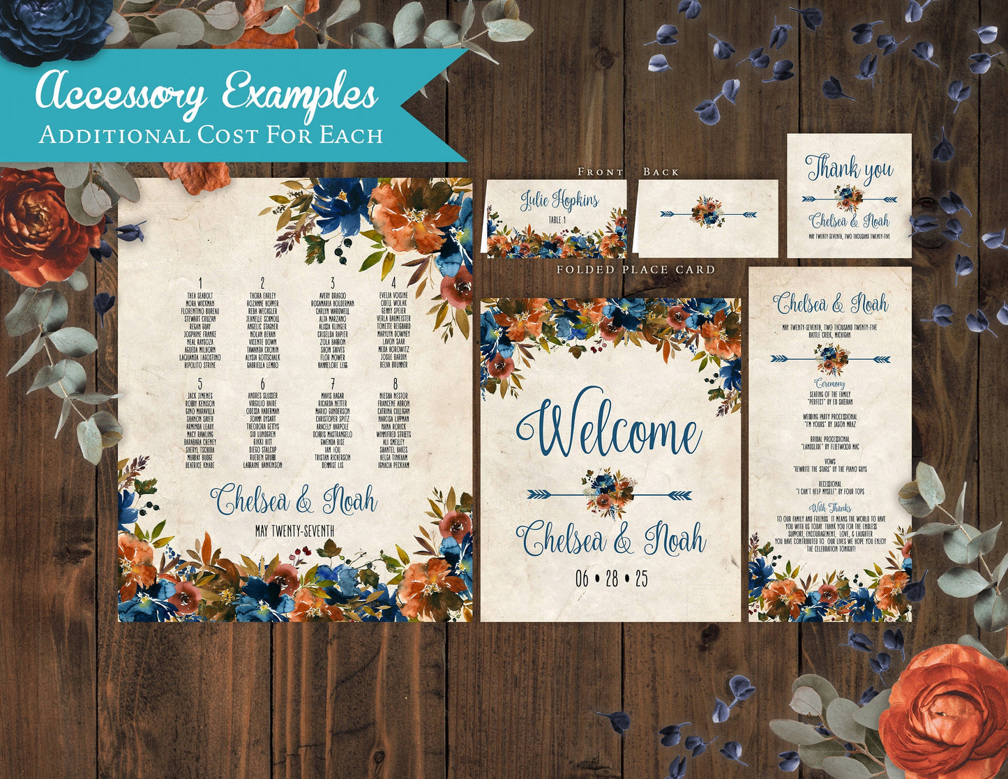 Rustic Floral Fall Wedding Invitation – Turquoise & Burnt Orange with Floral Arrow – Personalized Printed Invitations with Envelopes Included