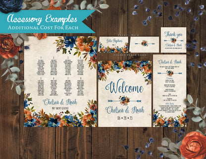 Rustic Floral Fall Wedding Invitation – Turquoise & Burnt Orange with Floral Arrow – Personalized Printed Invitations with Envelopes Included