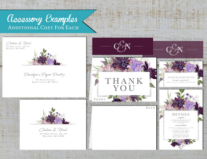 Elegant Purple Floral Summer Wedding Invitation,Summer Wedding Invite,Dark Purple,Lavender,Calligraphy,Shimmery Invitation,Envelope Included