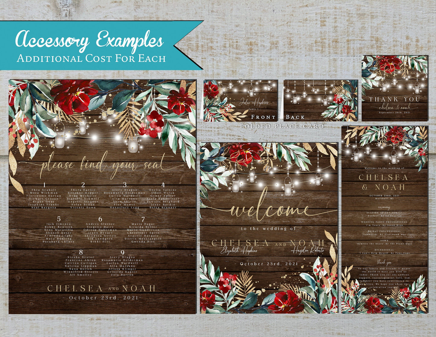 Red, Green, and Gold Florals with String Lights on Barn Wood Winter Wedding Invitation, Set, or Suite