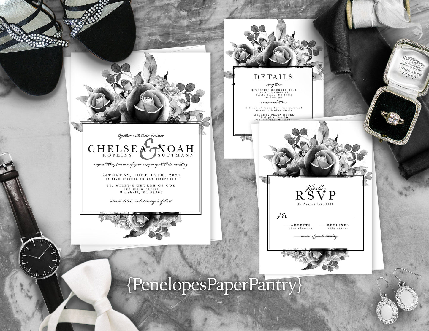 Black and White Floral Sketch Frame on White Paper Traditional Wedding Invitation, Sets, or Suite