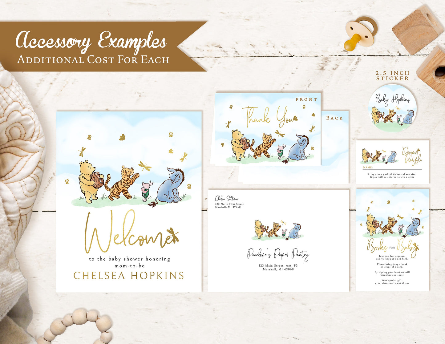 Classic Winnie the Pooh Gender Neutral Baby Shower Invitation – Personalized with Piglet, Tigger, Eeyore & Dragonfly – Gold Foil Printed Invite with Envelopes by Penelope’s Paper Pantry