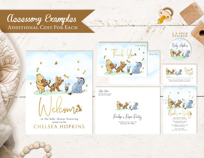 Classic Winnie the Pooh Gender Neutral Baby Shower Invitation – Personalized with Piglet, Tigger, Eeyore & Dragonfly – Gold Foil Printed Invite with Envelopes by Penelope’s Paper Pantry