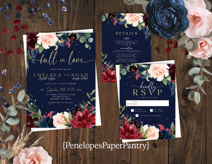 Navy, Burgundy, and Blush Florals on Blue Background Fall Wedding Invitation, Set, or Suite