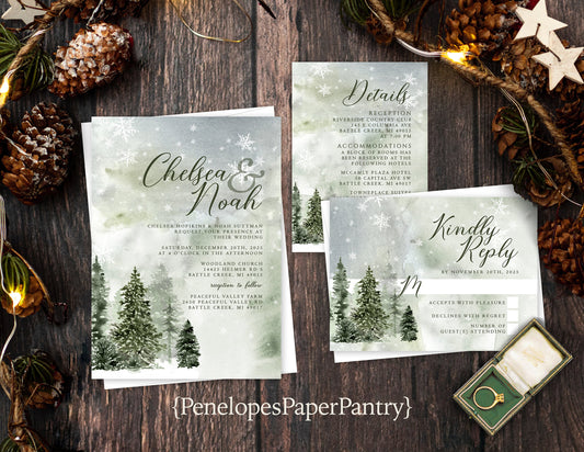 Watercolor Pine Trees in Snow Winter Wedding Invitation, Set, or Suite