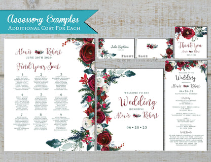 Red Roses and Green Florals Winter Wedding Invitation, Set, or Suite