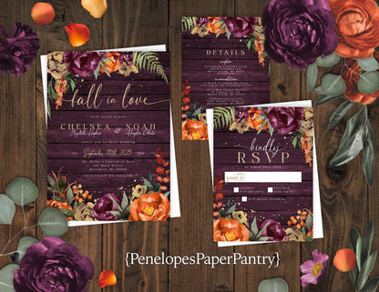 Purple and Orange Florals on Plum Wood Background Fall Wedding Invitation, Set, or Suite