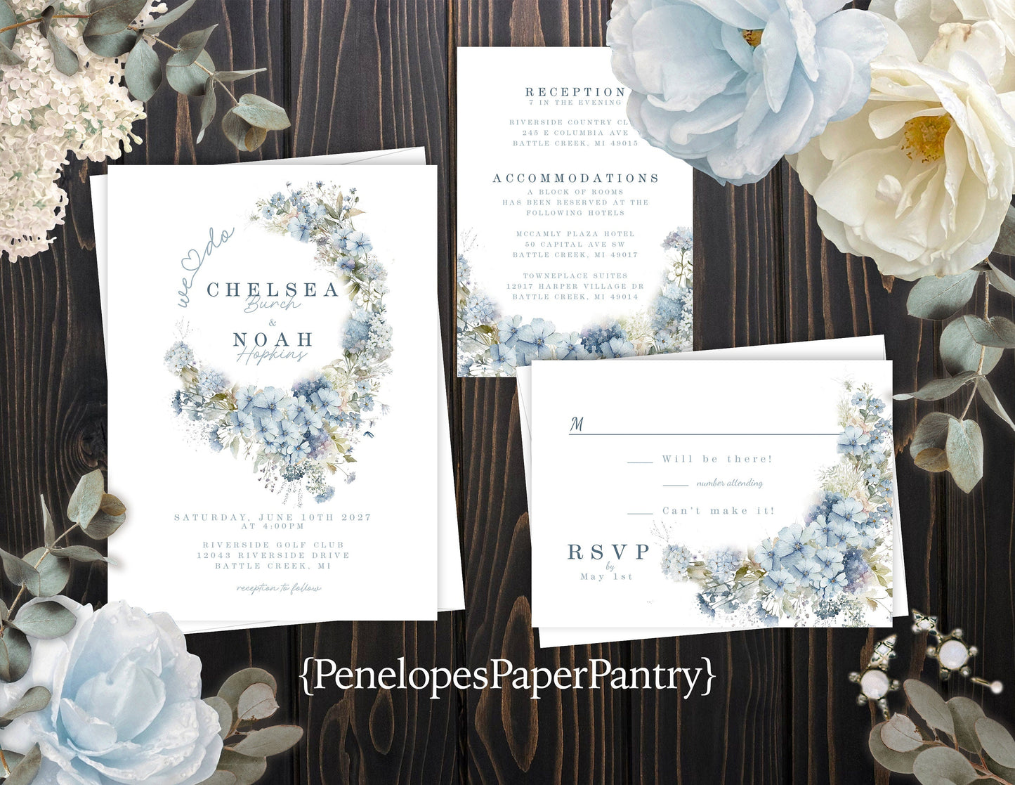 Pastel Blue Floral Summer Wedding Invitation, Set, or Suite