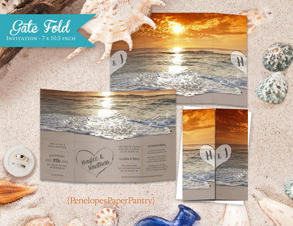 Gatefold Sunset Beach Heart in The Sand Folded Wedding Invitation, Set, or Suite