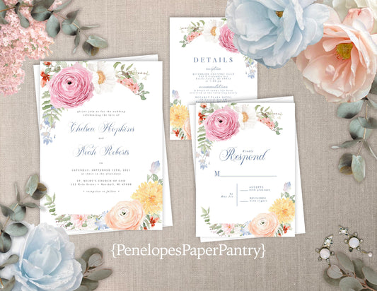 Pink and Light Blue Watercolor Florals on White Background Summer Wedding Invitation, Set, or Suite